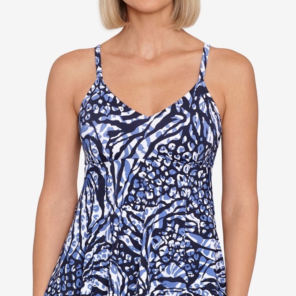 Swim Solutions Navy Zebra Leopard Print Tankini Top With Underwire Size 8 NWT
